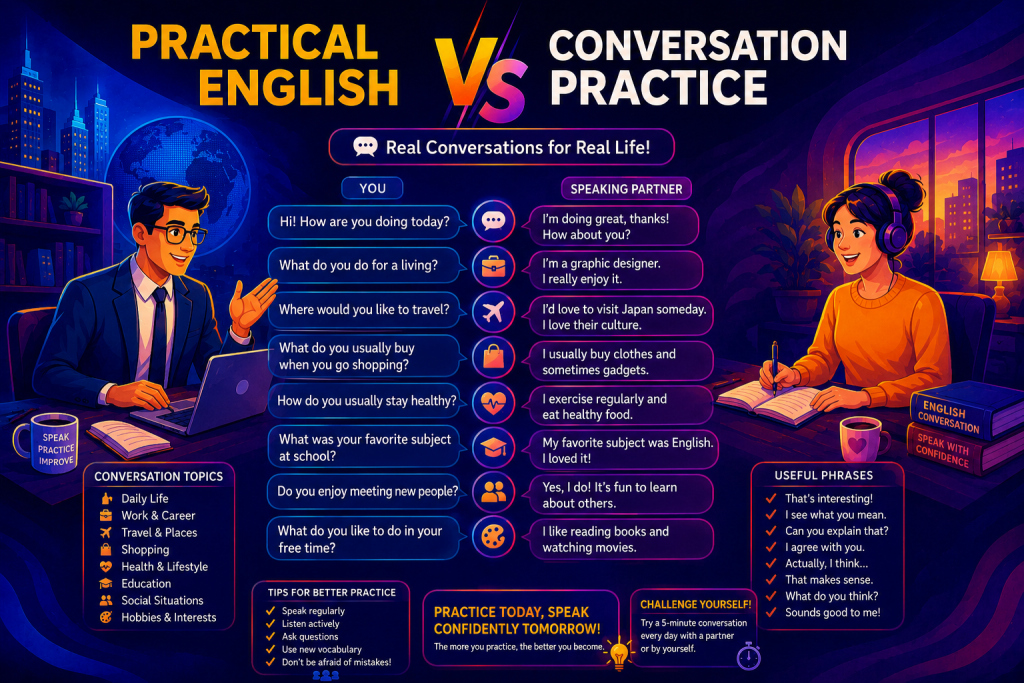practical English conversation practice بشكل فعلي