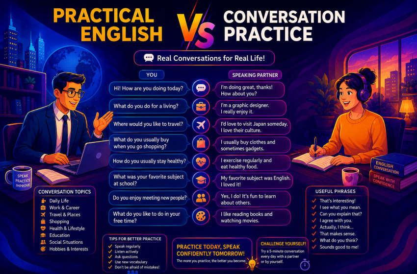 practical English conversation practice بشكل فعلي