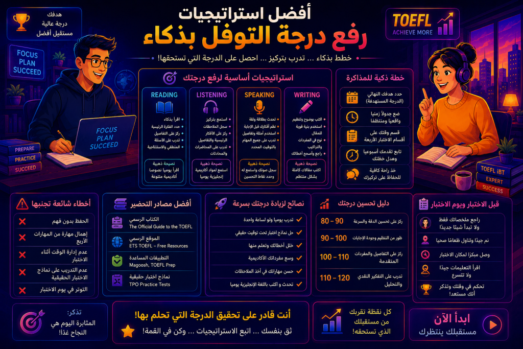 أفضل استراتيجيات رفع درجة التوفل بذكاء