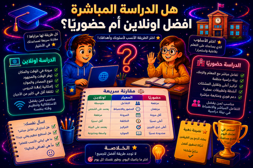 هل الدراسة المباشرة افضل اونلاين أم حضوريًا؟